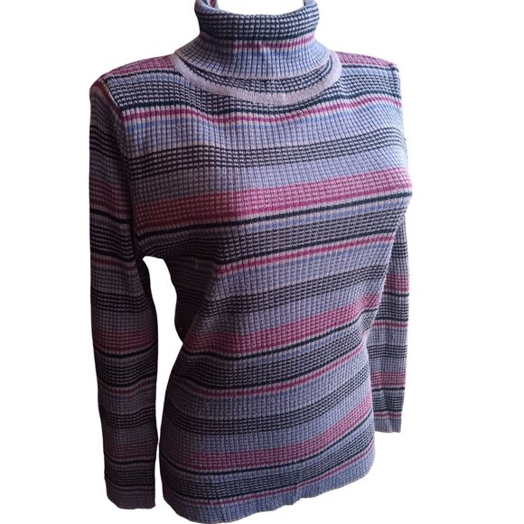 Medium True Vintage Striped Turtleneck Ribbed Knit Sweater Top Womens 70's Boho - Picture 3 of 6